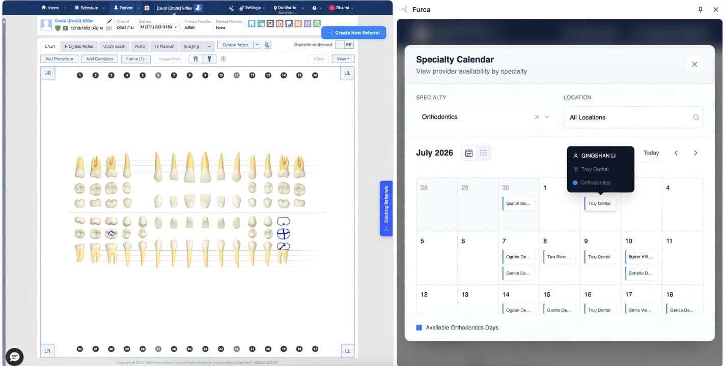 Furca specialty calendar shown alongside a Dentrix Ascend patient chart